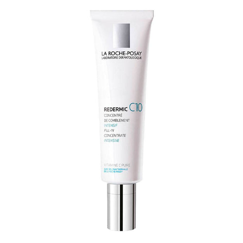 La Roche Posay Redermic C10 anti-aging serum in a white tube with silver cap, designed for moisturizing and revitalizing dull facial skin.