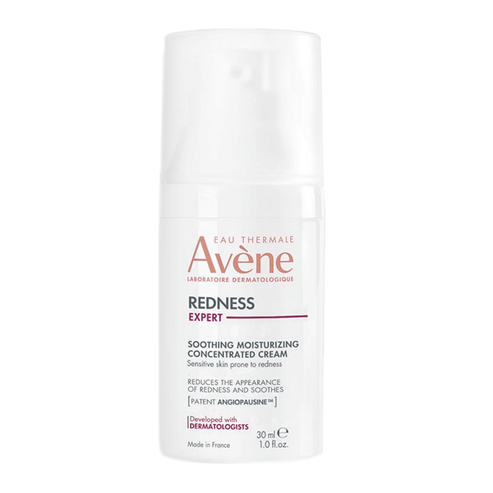 Avene Redness Expert Soothing Moisturizing Concentrated Cream in 30ml pump bottle. Ideal for reducing visible redness and moisturizing sensitive skin.