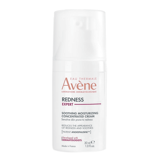 Avene Redness Expert Soothing Moisturizing Concentrated Cream in 30ml pump bottle. Ideal for reducing visible redness and moisturizing sensitive skin.