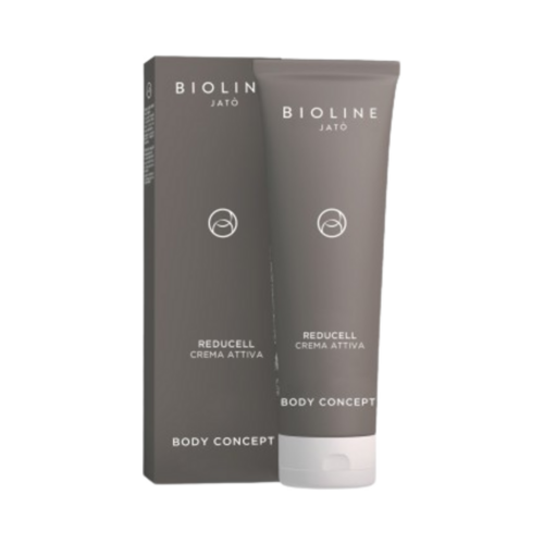 Bioline Reducell Active Cream, 250 ml/8,5 fl oz kroppsvårdskräm som riktar in sig på hudens fasthet och elasticitet, förpackad i snygg tub och kartong.