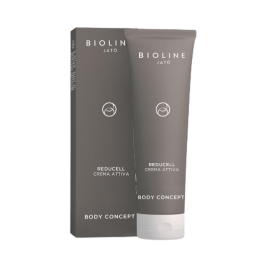 Bioline Reducell Active Cream, 250 ml/8,5 fl oz kroppsbehandling för cellulitreduktion med koffein, visad med produktförpackning.
