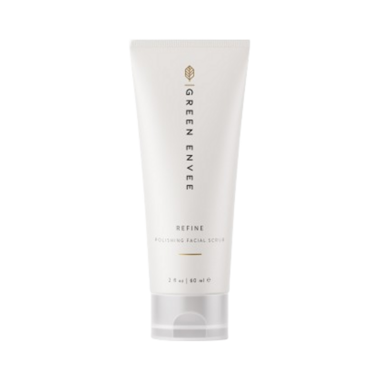 Front view of Green Envee Refine Polishing Facial Scrub, a skin exfoliator designed to smooth texture and enhance glow.