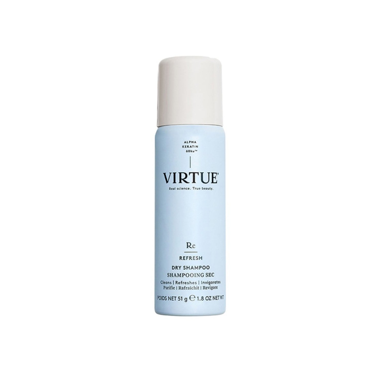 Virtue Dry Shampoo Refresh 1.8 oz compact spray for dry hair care. Perfect for quick freshness and volume in personal hair care routines.