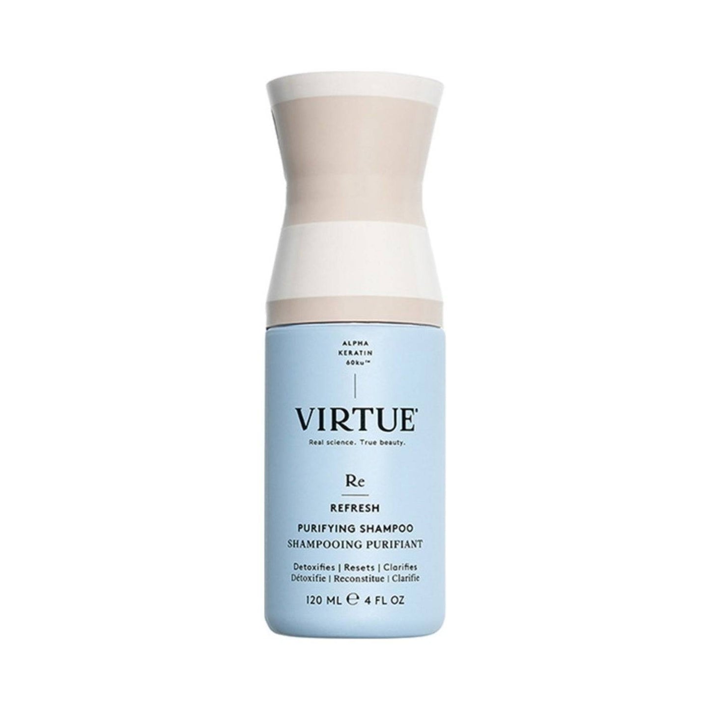 Virtue Refresh Purifying Shampoo - Virtue Clarifying Shampoo in 120ml bottle. Detoxifies and clarifies hair with Alpha Keratin 60ku for weekly use.