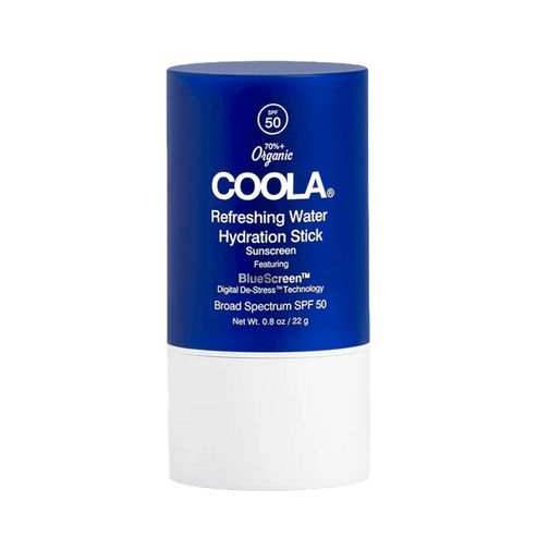 Coola SPF 50 Refreshing Water Hydration Stick in blue and white packaging. Broad spectrum sunscreen for face with hydrating skin care benefits.