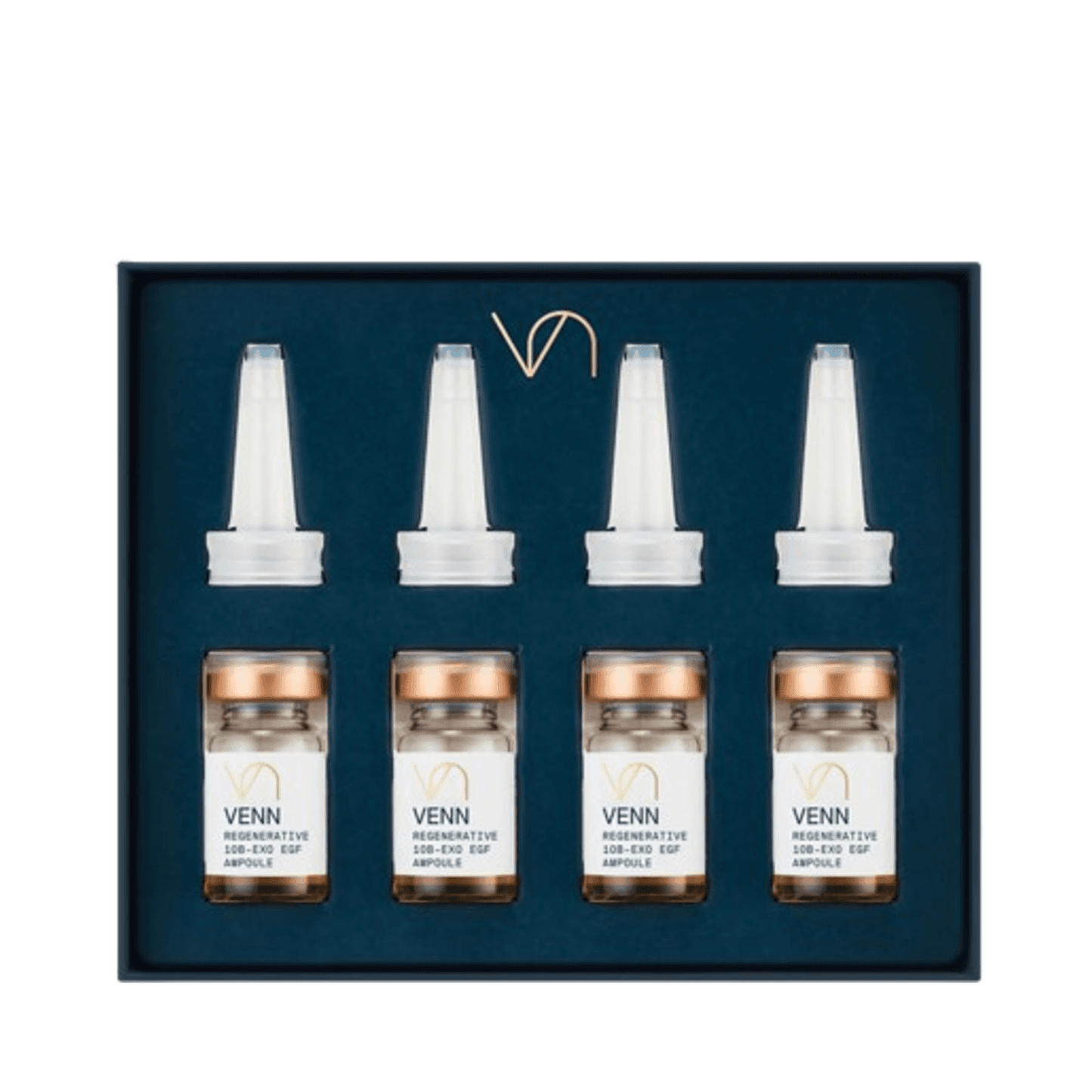 Venn 10B-EXO EGF Ampoule set with four serum vials and applicators in luxury packaging for skin rejuvenation and visible renewal.