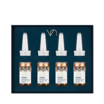 Venn 10B-EXO EGF Ampoule set with four serum vials and applicators in luxury packaging for skin rejuvenation and visible renewal.