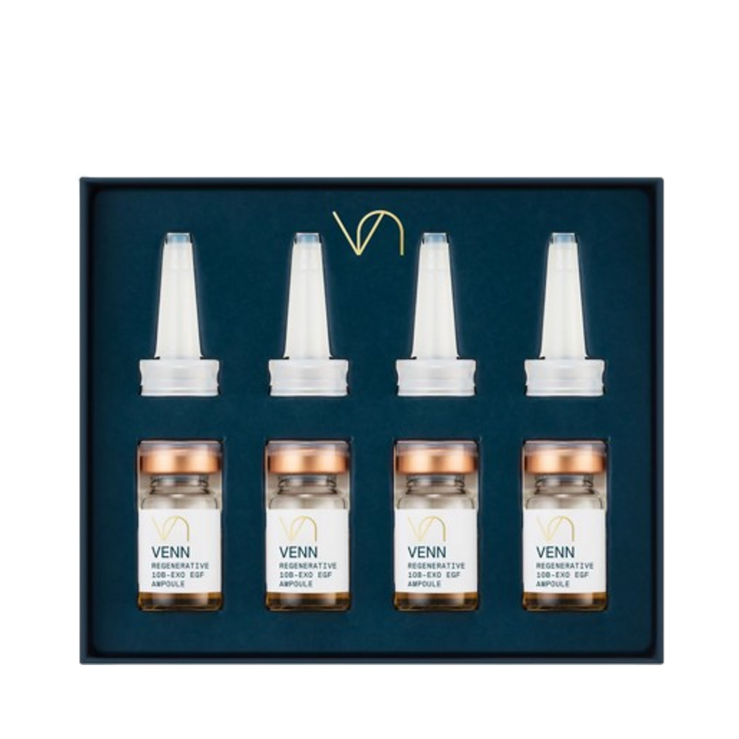 Venn 10B-EXO EGF Ampoule skincare set featuring four vials and nozzles, designed for intensive face and neck treatment and renewal.