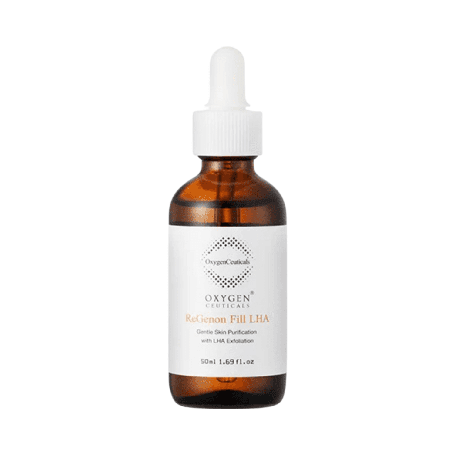 Buy OxygenCeuticals Regenon Fill LHA face serum in 50ml amber dropper bottle for anti-aging and wrinkle treatment with LHA, Idebenone, and Hyaluronic Acid.