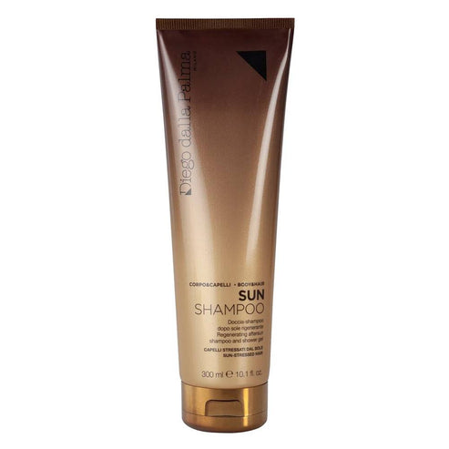 Diego dalla Palma Professional Regenerating Aftersun Shampoo and Shower Gel for frizzy hair in 300ml bronze gradient tube. Ideal for dry, sun-exposed hair.