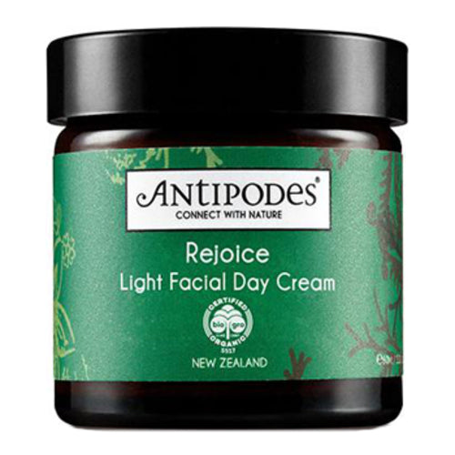 Front view of Antipodes Rejoice Light Facial Day Cream jar, certified organic skincare for oily and normal skin from New Zealand.