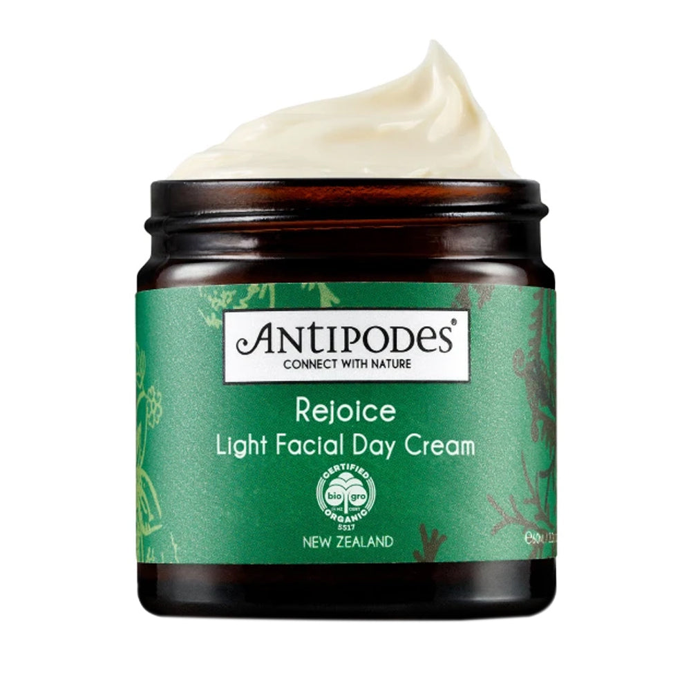 Antipodes Rejoice Cream jar with lid off, showcasing light, whipped moisturizer ideal for anti-aging and hydration routines.