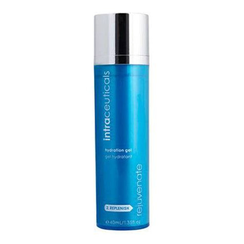 Intraceuticals Hydration Gel Rejuvenate moisturizer in a sleek blue 40ml bottle with silver cap, ideal for dry and mature skin care routines.