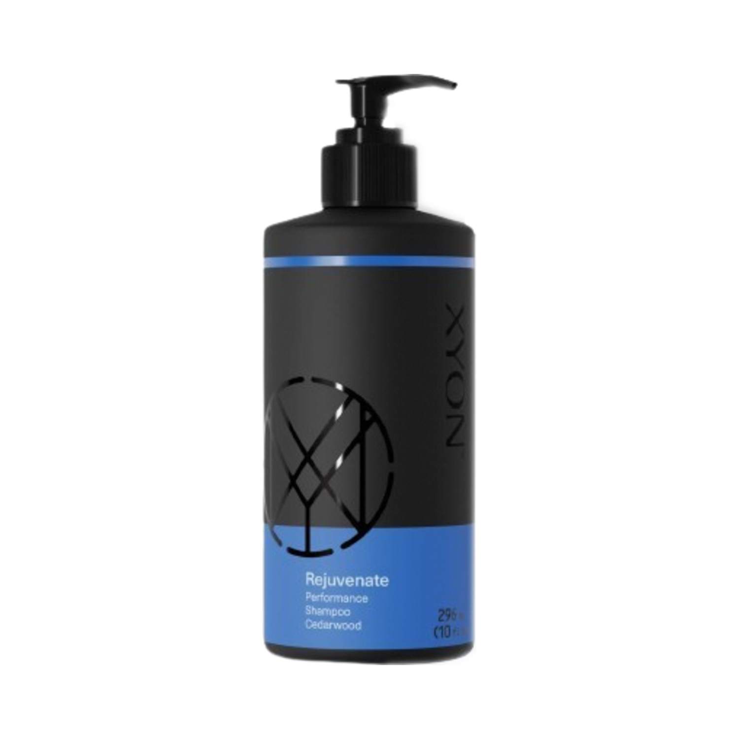 XYON Rejuvenate Performance Shampoo for men in a sleek black and blue 296ml pump bottle, designed for cleansing and moisture retention.