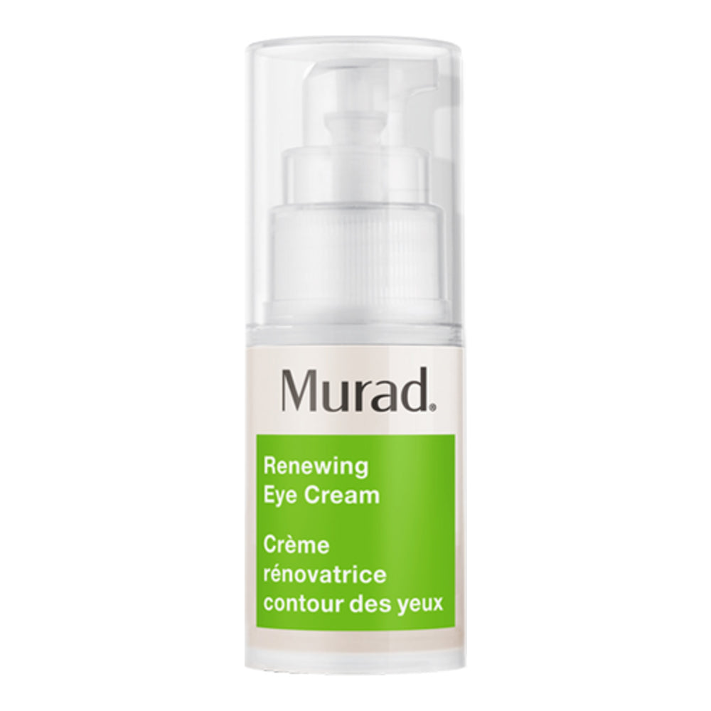 Murad Renewing Eye Cream Eye Treatment in a clear pump bottle with green label, designed to reduce wrinkles and hydrate under-eye skin.