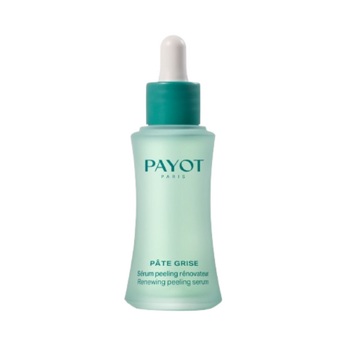 Payot Peeling Serum - Renewing Skin Care in sleek green packaging, designed to treat dullness and uneven texture with probiotics and meadowsweet.