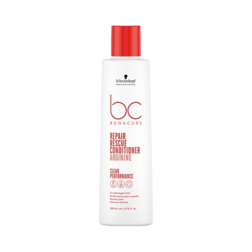 Schwarzkopf Bonacure Repair Rescue Conditioner with Arginine, ideal for split ends and damaged hair, 6.76 fl oz size.