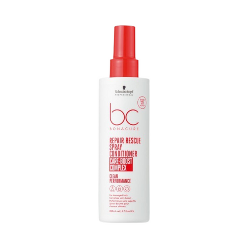 Schwarzkopf Bonacure Repair Rescue Spray Conditioner with Care+Boost Complex, ideal for restoring damaged hair, 6.76 fl oz size.