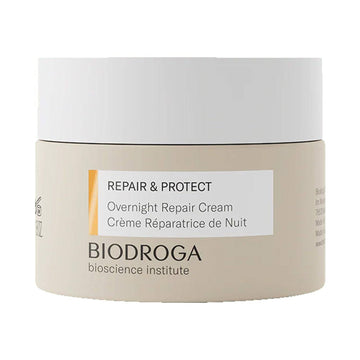 Biodroga Repair Cream - Overnight Skin Repair | Night Care in beige jar with white lid. Ideal for nightly facial skin repair and hydration.