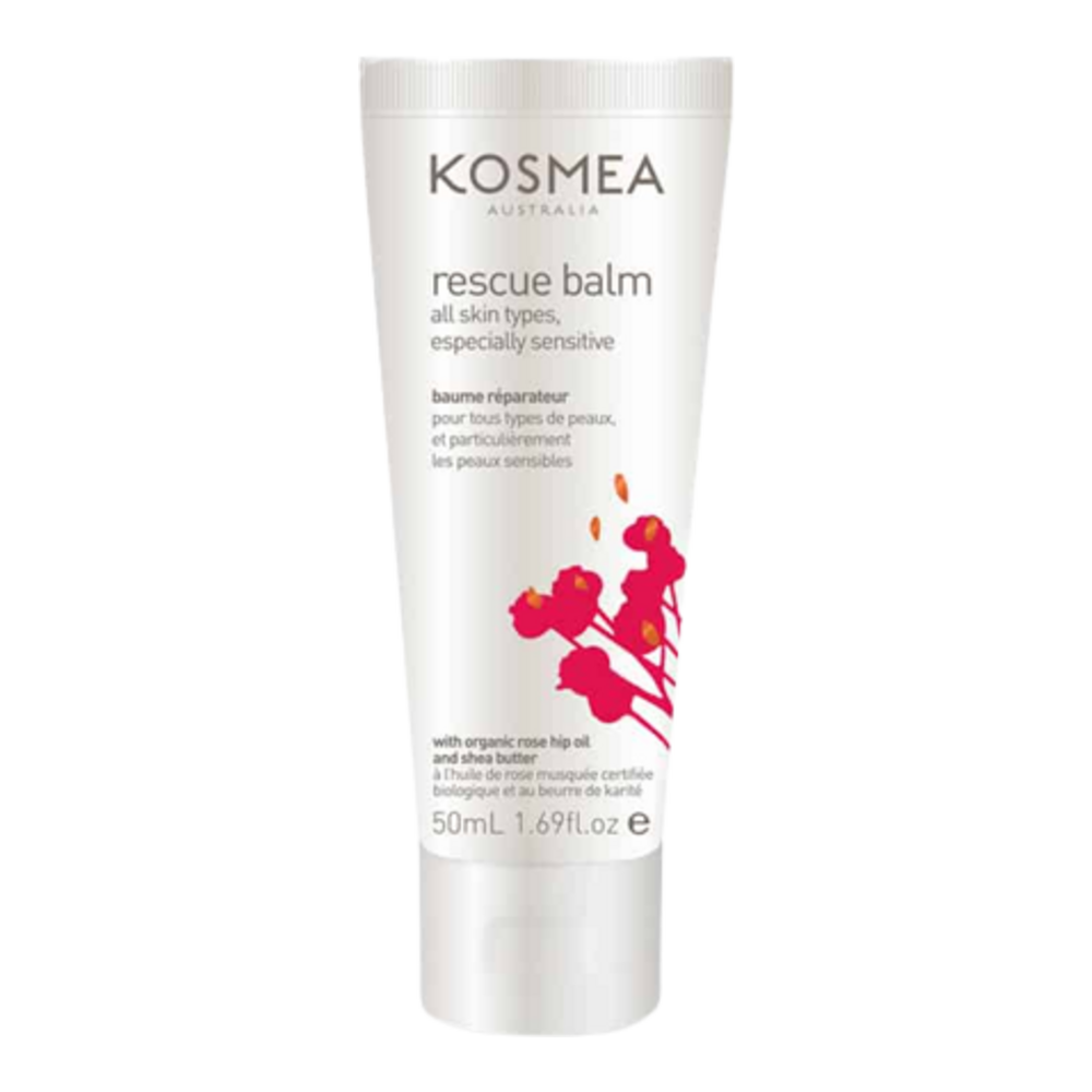 Kosmea Rescue Balm 50ml tube for sensitive skin, enriched with rosehip oil and shea butter. Ideal for soothing skin irritations and dryness.