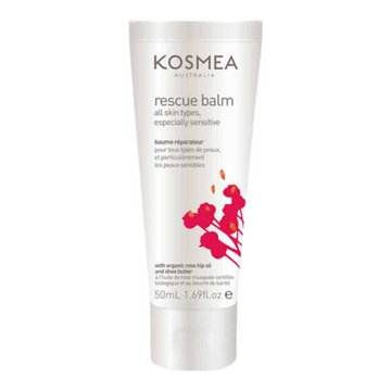 Kosmea Rescue Balm 50ml tube for sensitive skin, enriched with rosehip oil and shea butter. Ideal for soothing skin irritations and dryness.