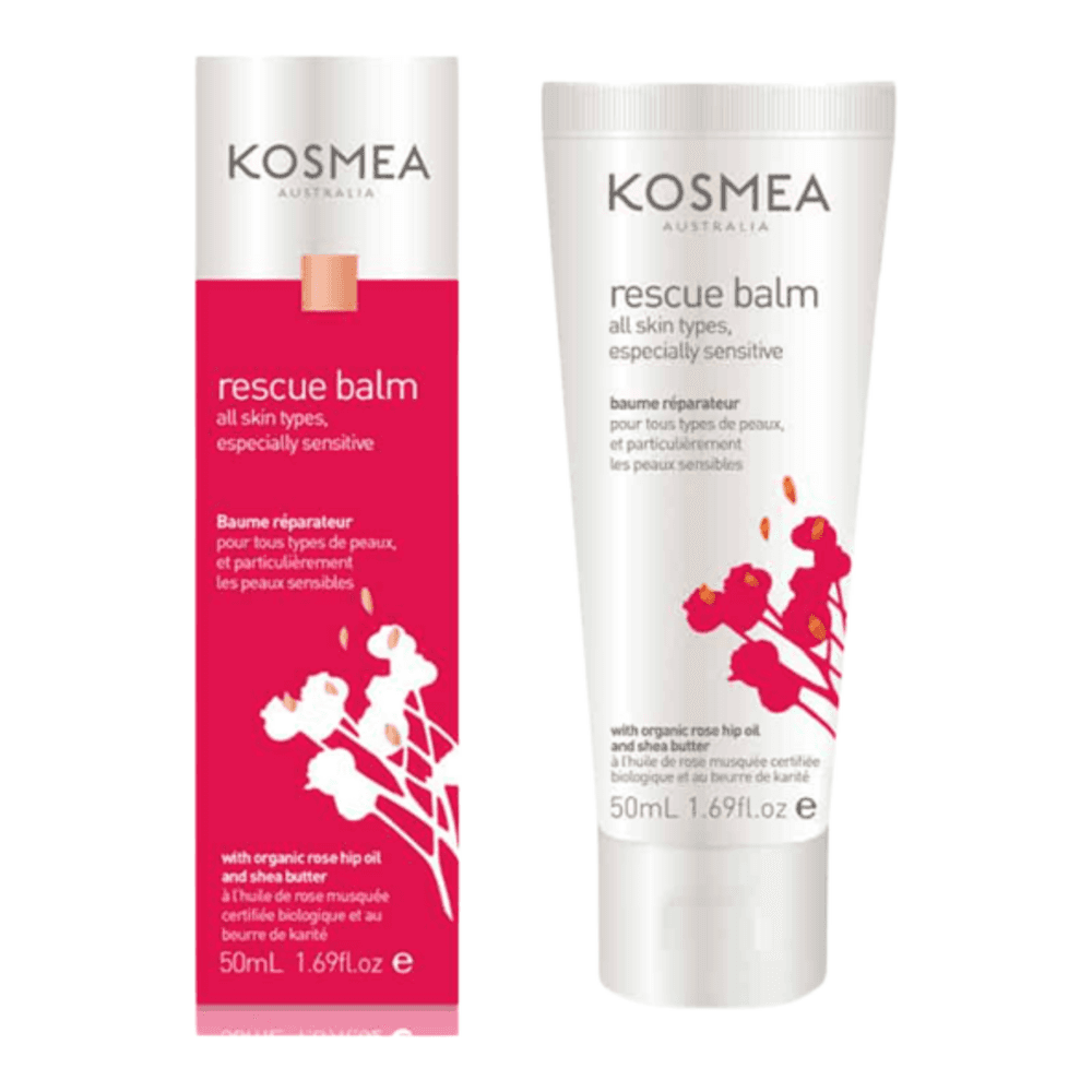 Kosmea Rescue Balm 50ml with outer packaging, designed for all skin types. Award-winning balm for calming and protecting sensitive skin.