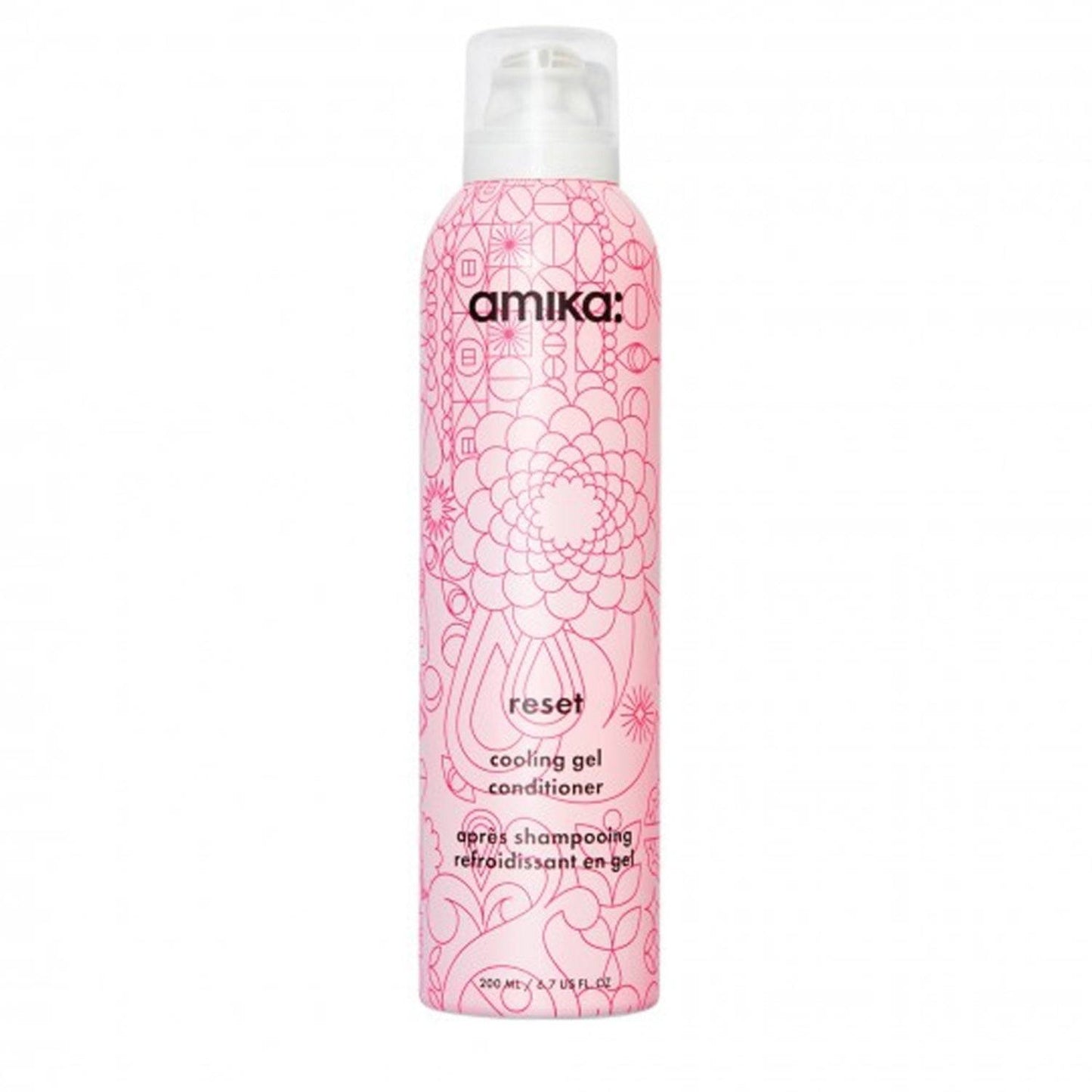 Amika Reset Cooling Gel Conditioner in a pink floral 200ml bottle for hydration and scalp balance in hair care routines.