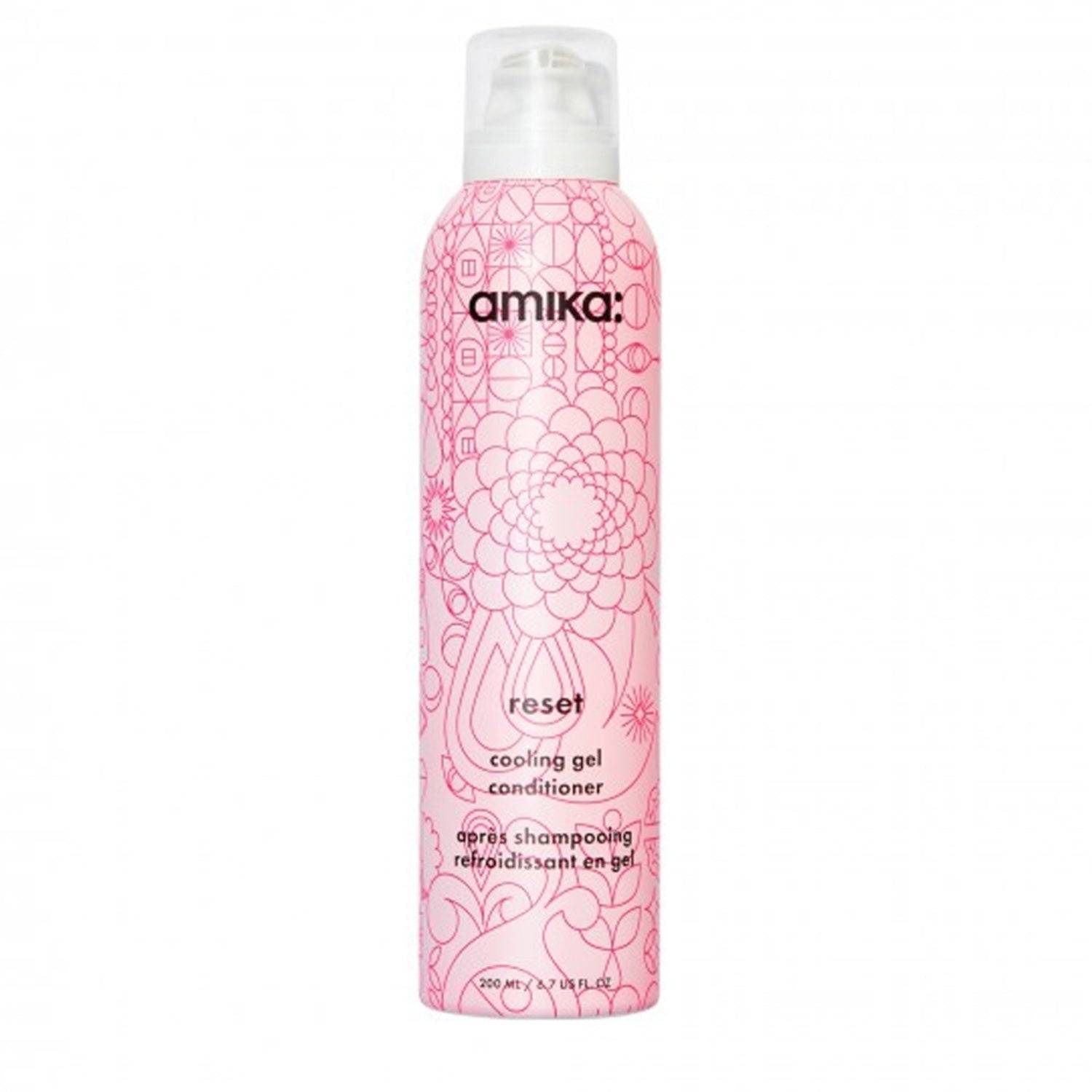 Amika Reset Cooling Gel Conditioner in a pink floral 200ml bottle for hydration and scalp balance in hair care routines.