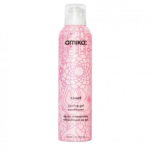 Amika Reset Cooling Gel Conditioner in a pink floral 200ml bottle for hydration and scalp balance in hair care routines.