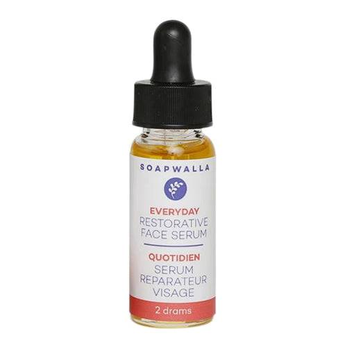 Soapwalla Restorative Face Serum in 2-dram glass bottle with dropper cap. Ideal for dry skin and pore care with jojoba, lavender, and rose oils.