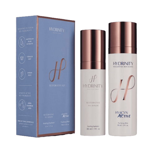 Hydrinity Restorative Kit from eSkinStore includes HA Serum and Hyacyn Active Mist in a gift box, ideal for hydrating and rejuvenating skin.