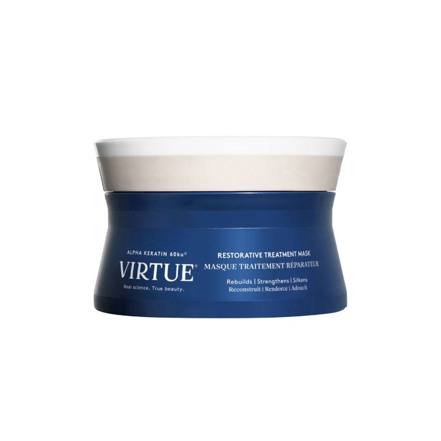 Virtue Treatment Mask - Hair Repair Mask in blue jar for deep hydration and restoration. Ideal for dry, damaged hair in hair care routines.