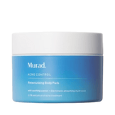 Murad Retexturizing Body Pads in a blue jar for acne breakouts and keratosis pilaris. Contains 2.0% salicylic acid for body treatment.