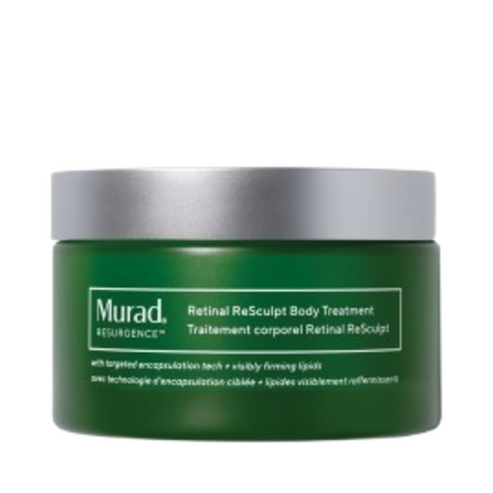 Murad Retinal ReSculpt Body Treatment jar with silver lid, designed for firming and smoothing cellulite and stretch marks.