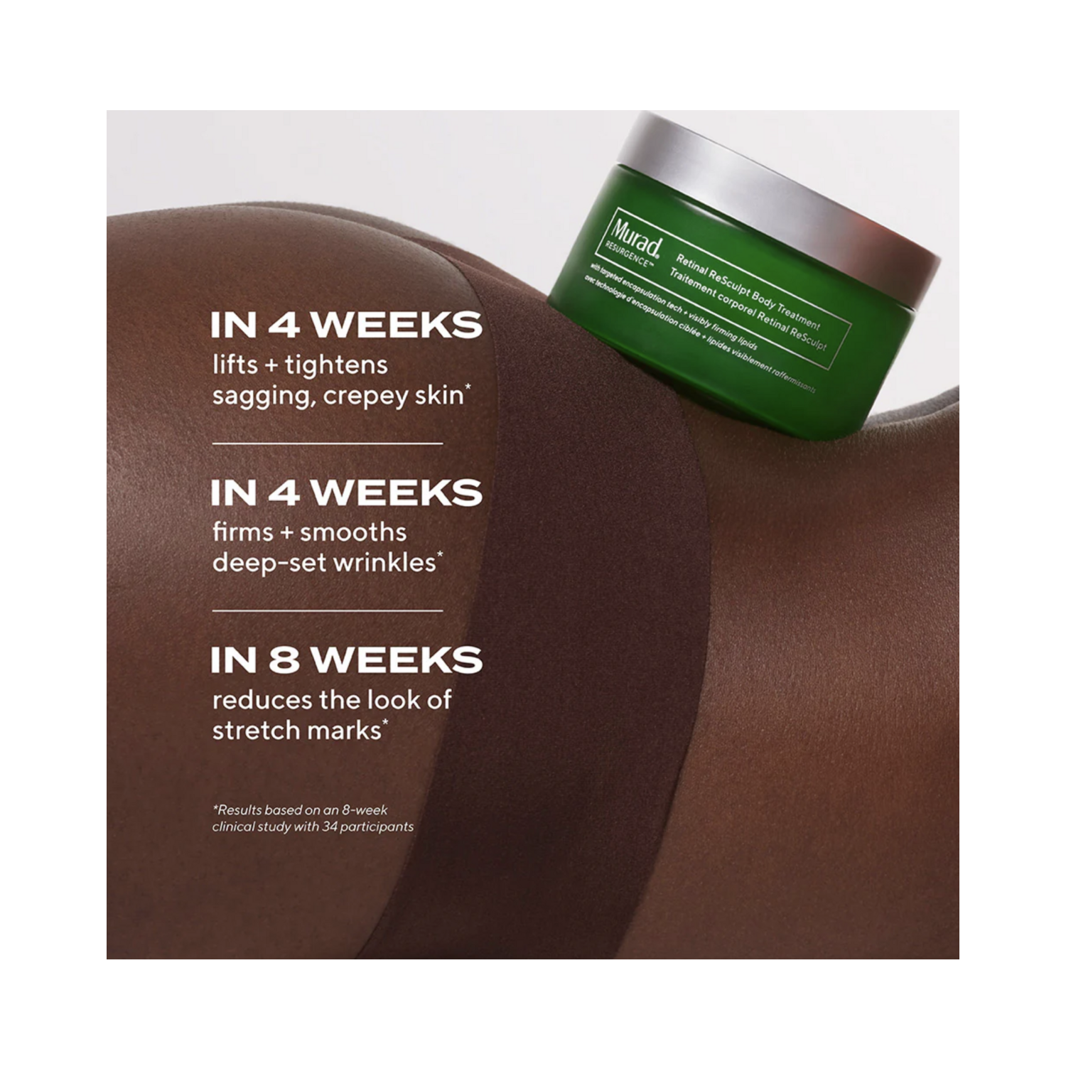 Murad Body Treatment on skin with text showing 4-week and 8-week benefits including lifting, firming, and stretch mark reduction.