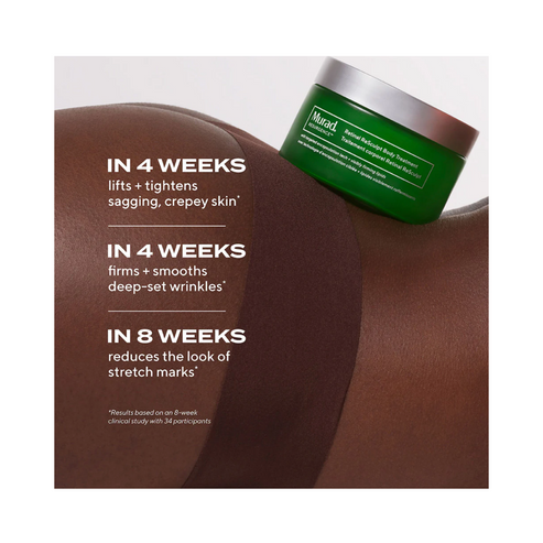 Murad Body Treatment on skin with text showing 4-week and 8-week benefits including lifting, firming, and stretch mark reduction.