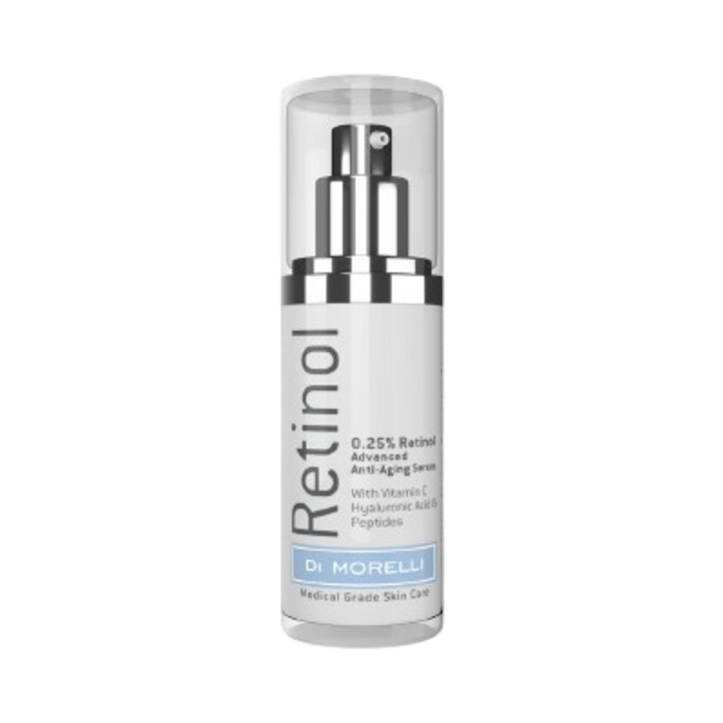 Front view of Di Morelli Retinol Serum 0.25% bottle, featuring anti-aging formula with peptides and hyaluronic acid for face and neck.