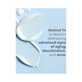 Texture swatches of Di Morelli Retinol Serum 1% on a blue background, ideal for aging, discoloration, and acne-prone skin.