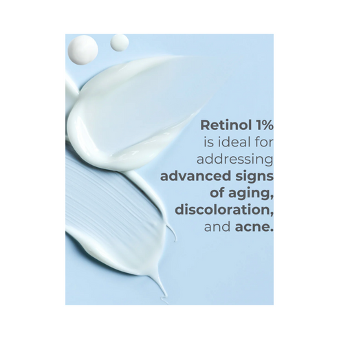 Texture swatches of Di Morelli Retinol Serum 1% on a blue background, ideal for aging, discoloration, and acne-prone skin.