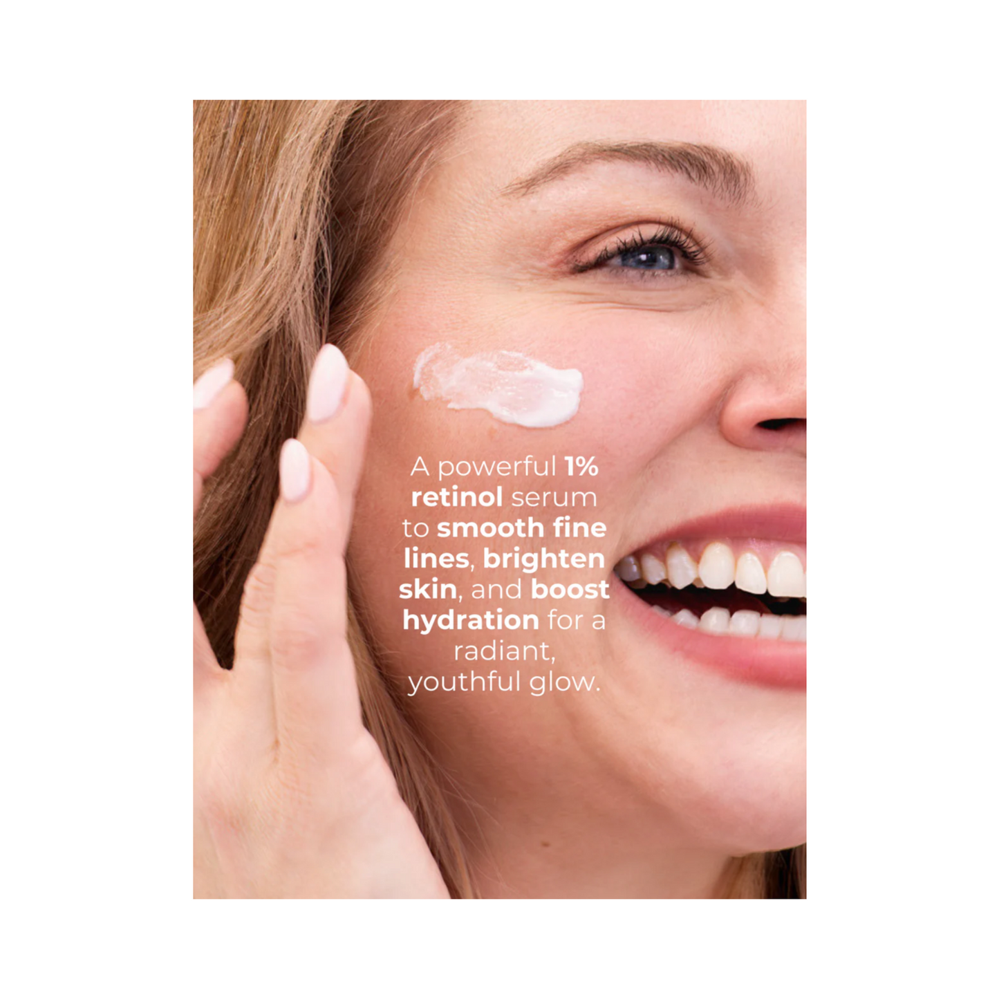 Woman applying Di Morelli Retinol Serum 1% to her face, highlighting benefits like smoothing fine lines, brightening skin, and boosting hydration.