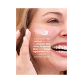 Woman applying Di Morelli Retinol Serum 1% to her face, highlighting benefits like smoothing fine lines, brightening skin, and boosting hydration.