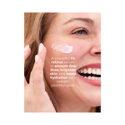Woman applying Di Morelli Retinol Serum 1% to her face, highlighting benefits like smoothing fine lines, brightening skin, and boosting hydration.