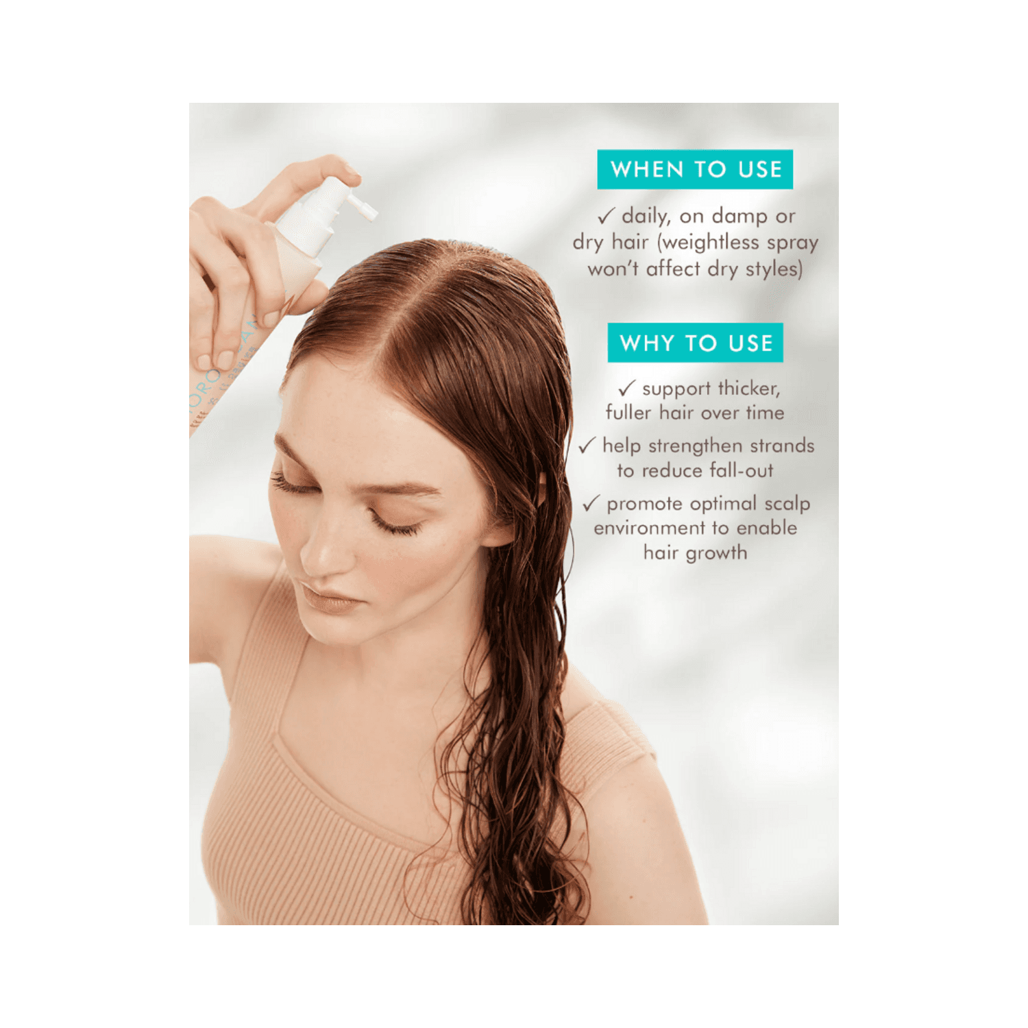 Woman applying Moroccanoil Scalp Tonic to damp hair, with usage tips highlighting benefits for fuller hair and reduced fallout.