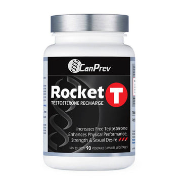 CanPrev Rocket T Testosterone Recharge supplement bottle with 90 vegetable capsules for muscle support and enhanced performance.