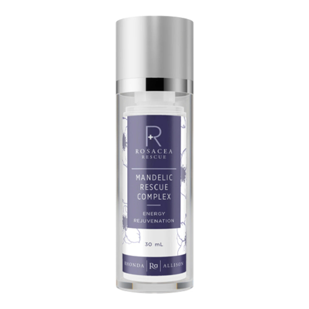 Front view of Rhonda Allison Rosacea Rescue Mandelic Complex serum, designed for rosacea-prone skin with soothing mandelic acid and L-arginine.