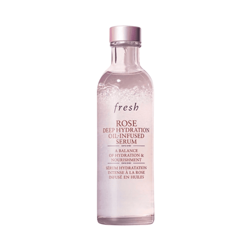 Fresh Rose Deep Hydration Oil-Infused Serum in a clear pink-tinted bottle, ideal for 24-hour moisture in dry skin care treatments.