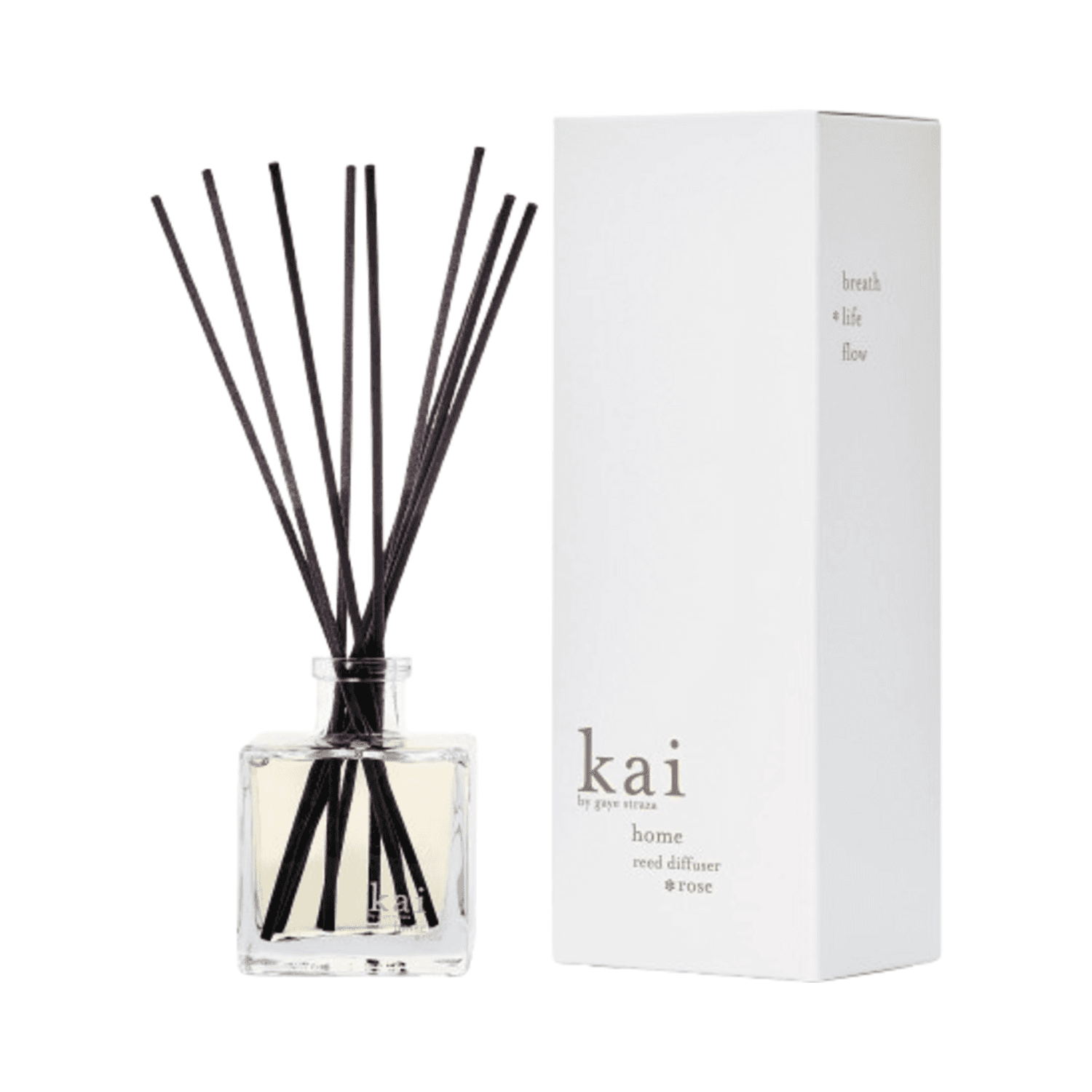 Kai Rose Diffuser - Elegant Aroma Enhancer with sleek black reeds in a clear glass bottle, paired with minimalist white packaging for home fragrance.