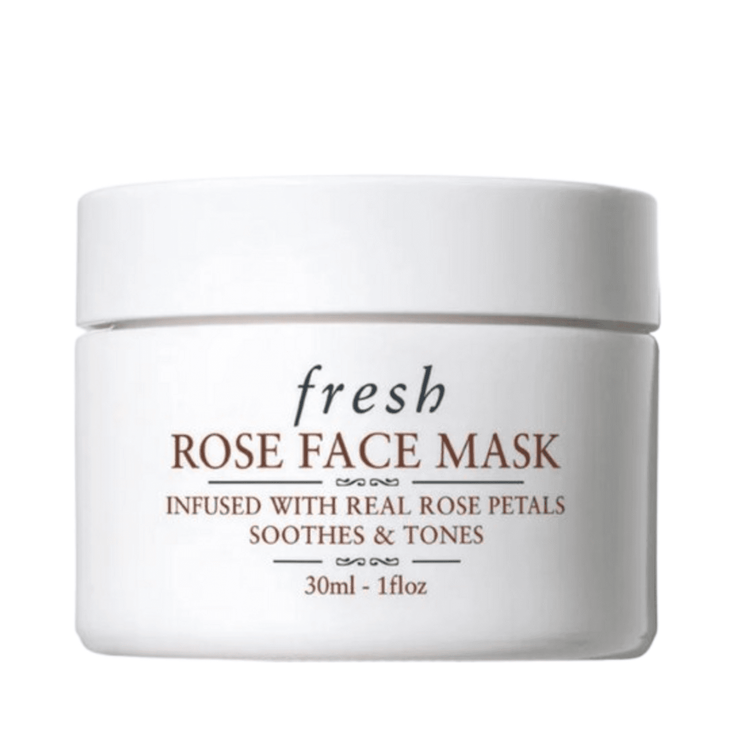 Fresh Rose Face Mask 30ml jar with hydrating gel formula and real rose petals for soothing and toning dry skin.
