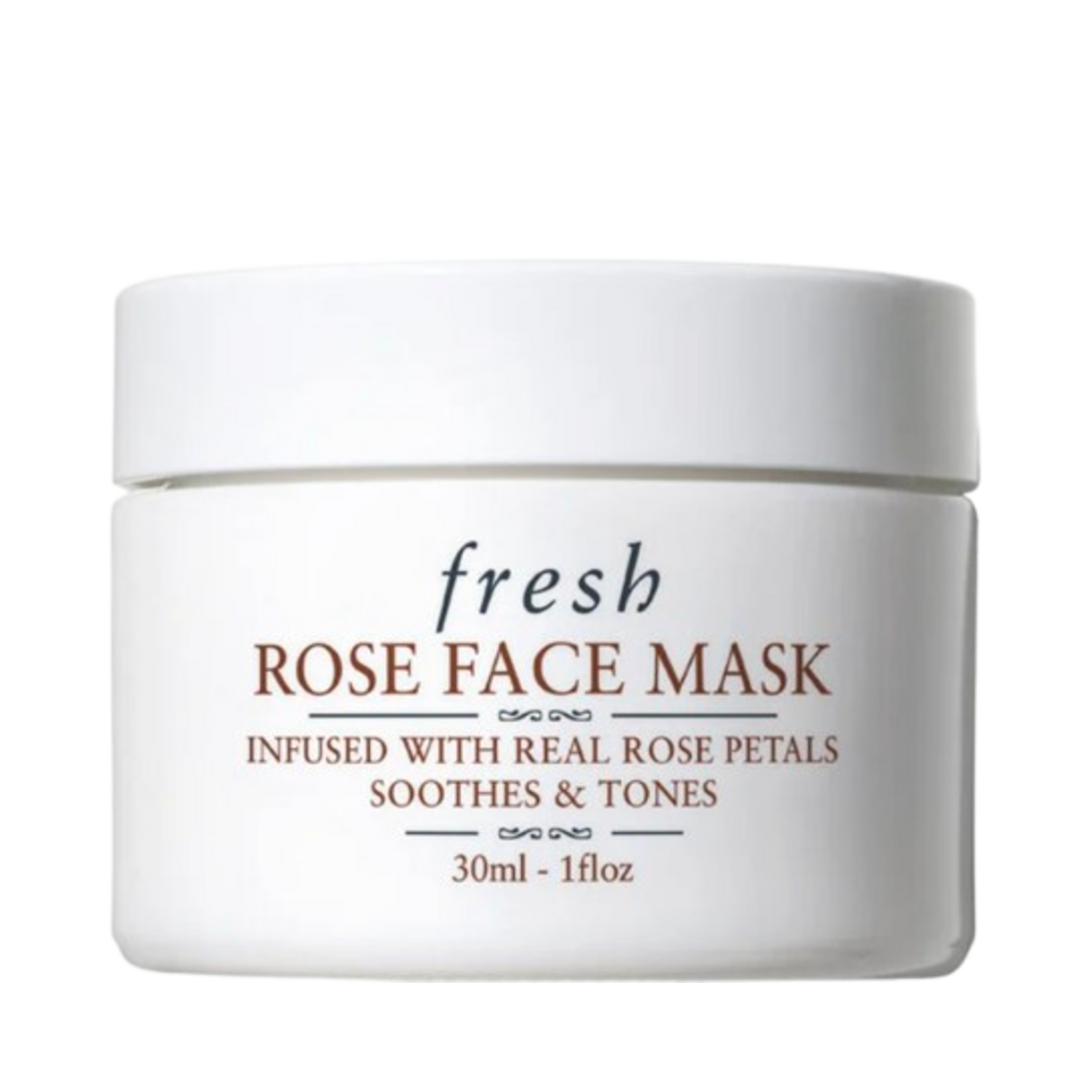 Fresh Rose Face Mask 30ml in white jar, ideal for dry skin care with real rose petals and a silky gel texture.