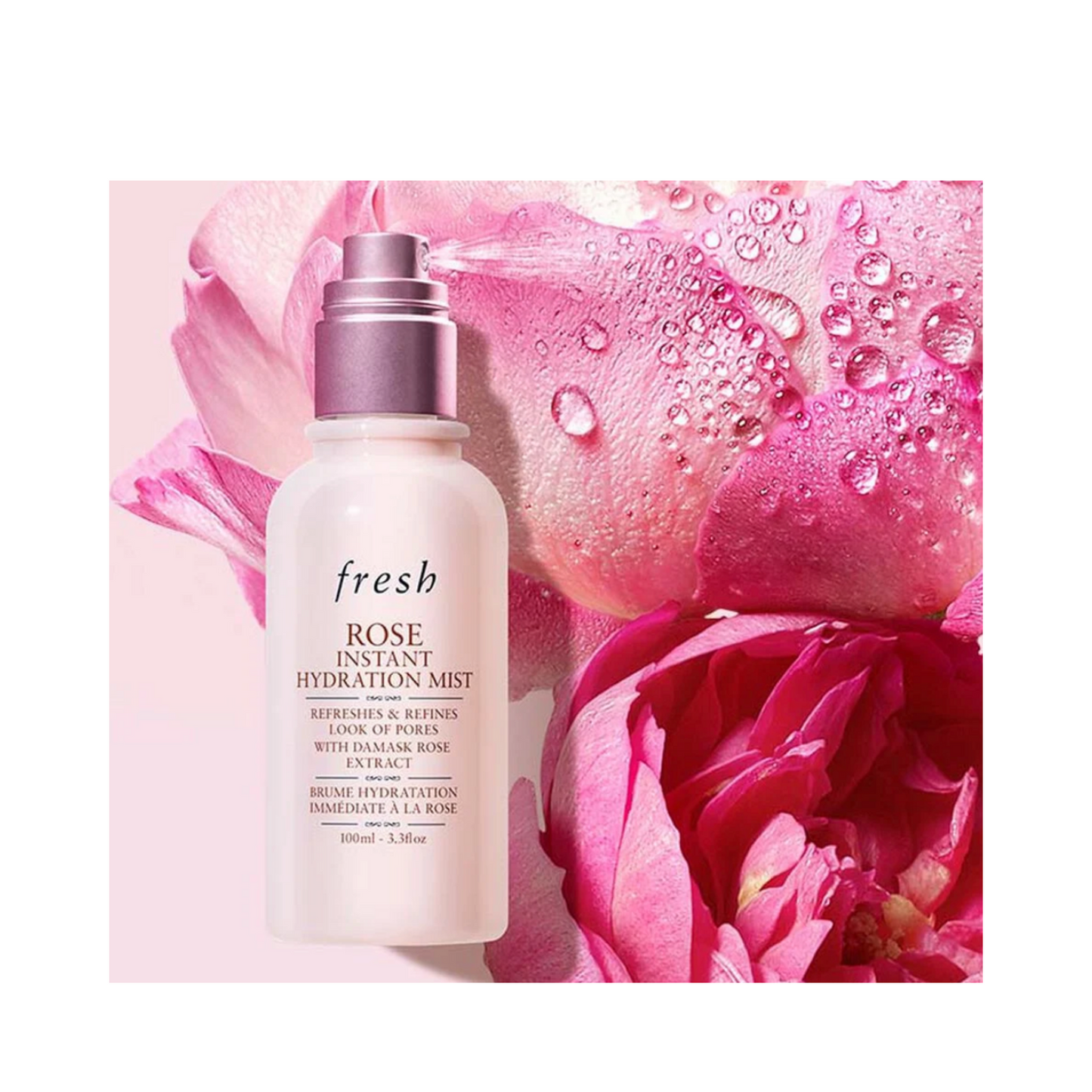 Fresh Rose Face Mist - Hydration Mist placed among fresh rose petals, emphasizing its natural Damask rose extract for glowing skin.